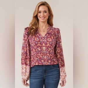 Democracy Blouson Sleeve Ruffle Shoulder V Neck Floral Knit Top Size 3X Boho NWT
